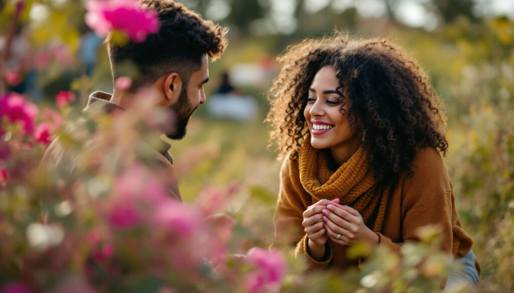 A photograph of a photographer engaging with a client during a vibrant outdoor photoshoot