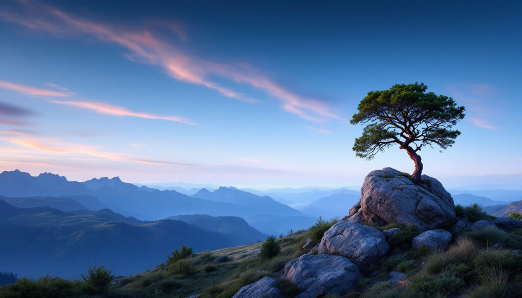 A photograph of a scenic landscape where the horizon is positioned along the top third of the frame