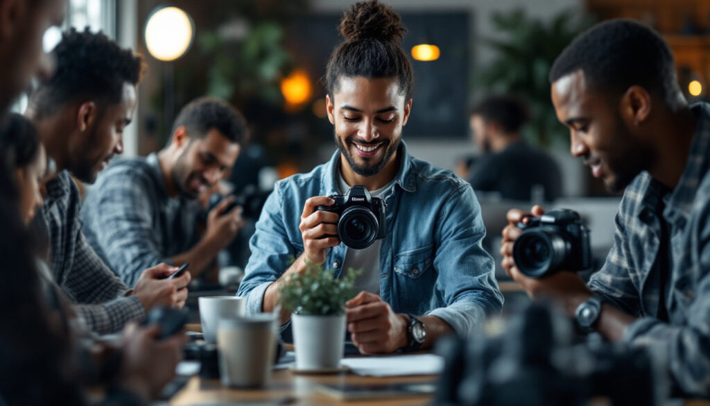 A photograph of a diverse group of photographers at work in various settings