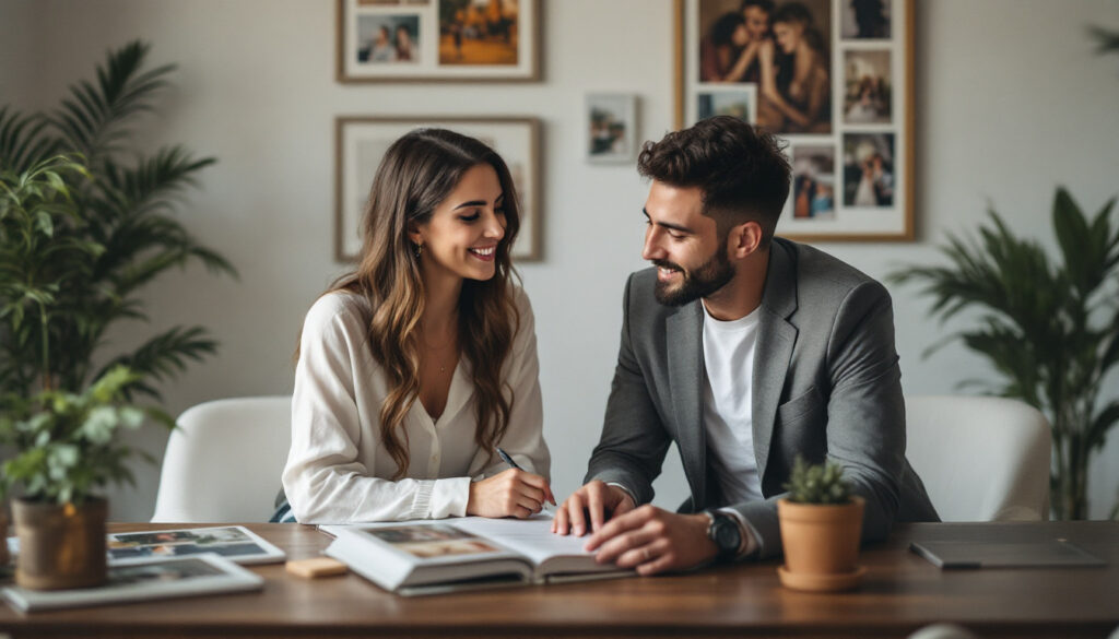 A photograph of a wedding photographer engaging with a couple during a pre-wedding consultation