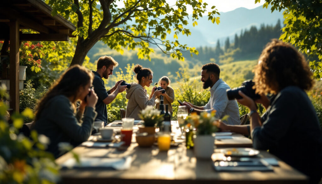 A photograph of a vibrant outdoor photography session featuring a diverse group of photographers actively engaging with clients
