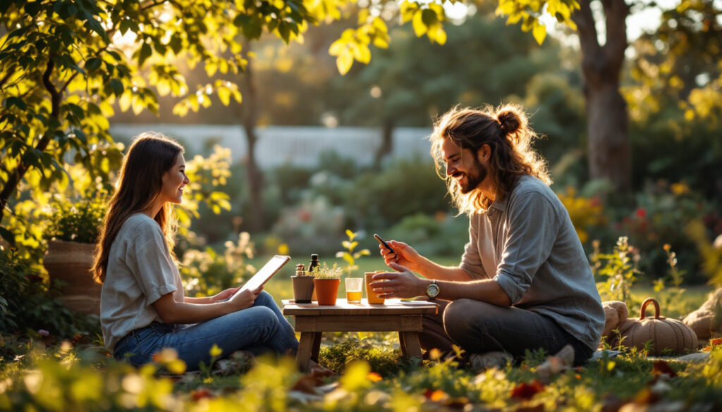 A photograph of a vibrant outdoor scene featuring a photographer actively engaging with clients during a photoshoot