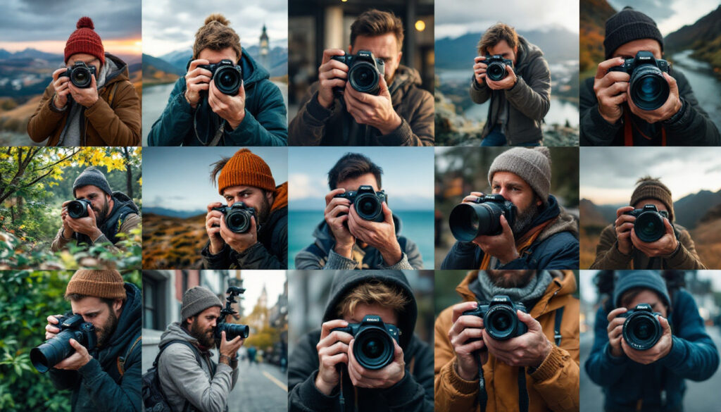 A photograph of a diverse range of cameras in use by photographers in various settings