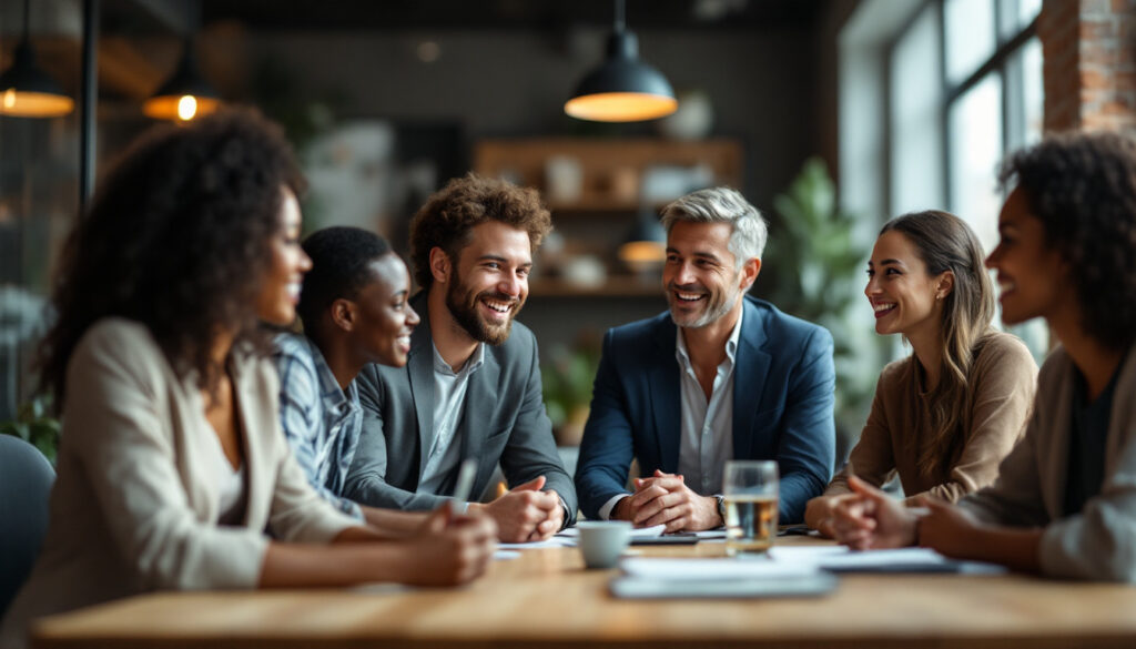 A photograph of a diverse group of professionals engaged in a dynamic and collaborative setting