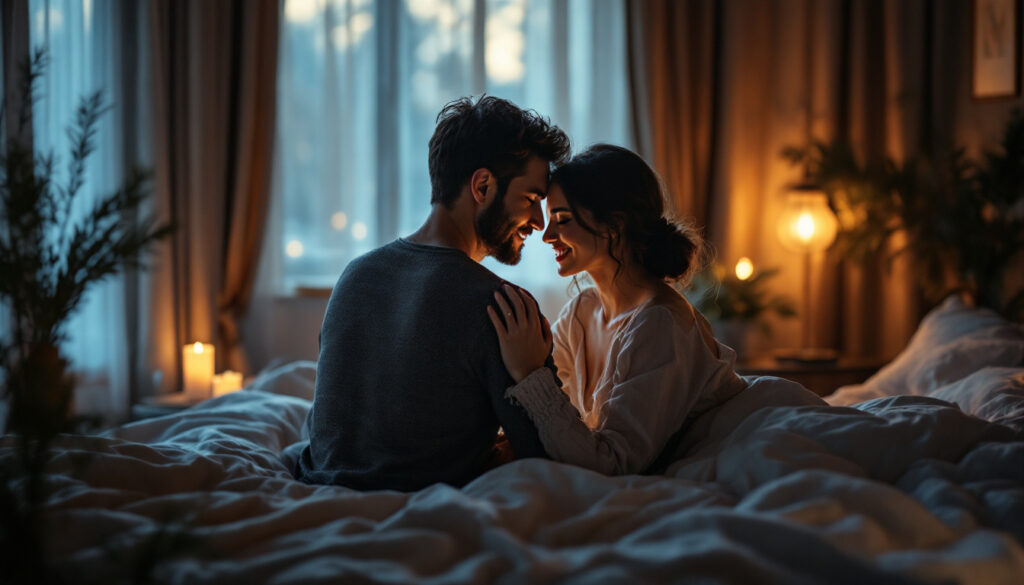 A photograph of a couple in a cozy