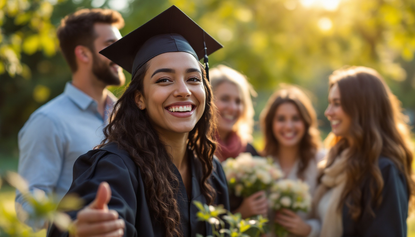 A photograph of a joyful graduate in their cap and gown