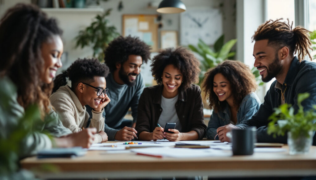 A photograph of a diverse group of aspiring photographers engaged in a dynamic classroom setting