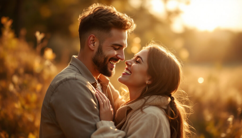 A photograph of a joyful couple embracing in a natural setting